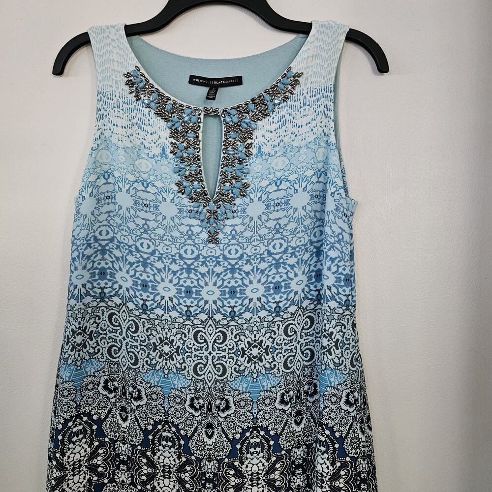 White House Black Market WHBM Beaded Neck Swingy Dress Sz S Blue Black Cream - Picture 4 of 11